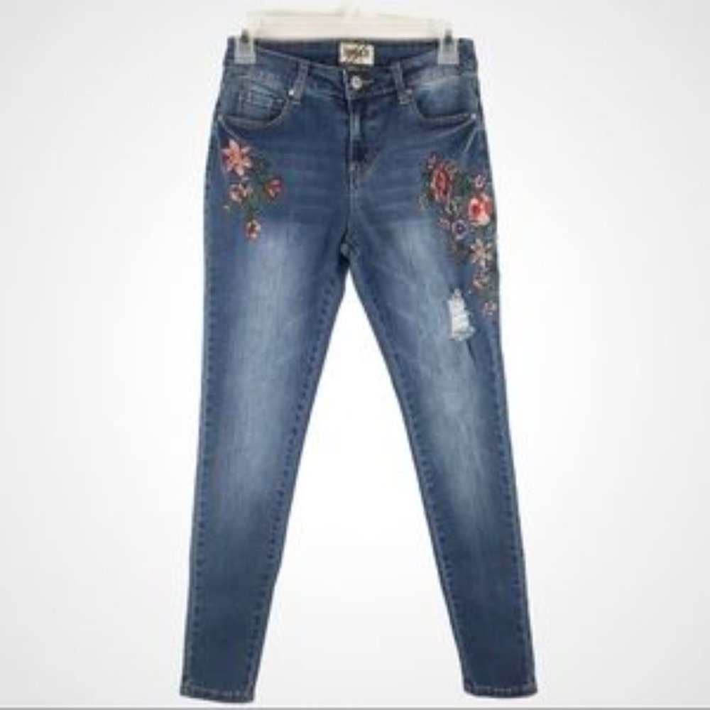 Denim BLVD Brand Floral Embroidered Distressed Jeans